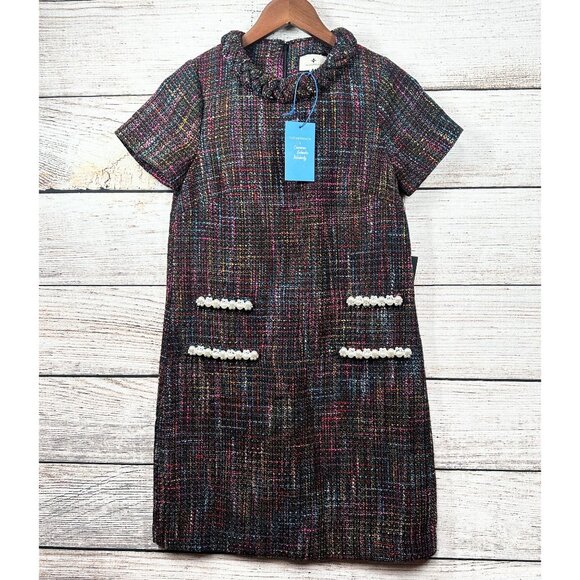 Tuckernuck Cameron Tweed Dress Womens XXS Multicolor Pearl Trim Short Sleeve NWT - Picture 1 of 12